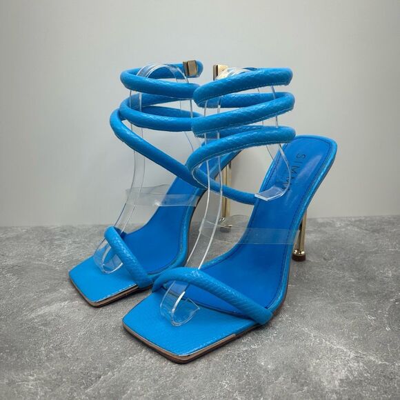 Simmi London Blue Eloise Wrap Ankle Gold Heel Sandal Size 6 Square Toe Stiletto - Picture 1 of 12